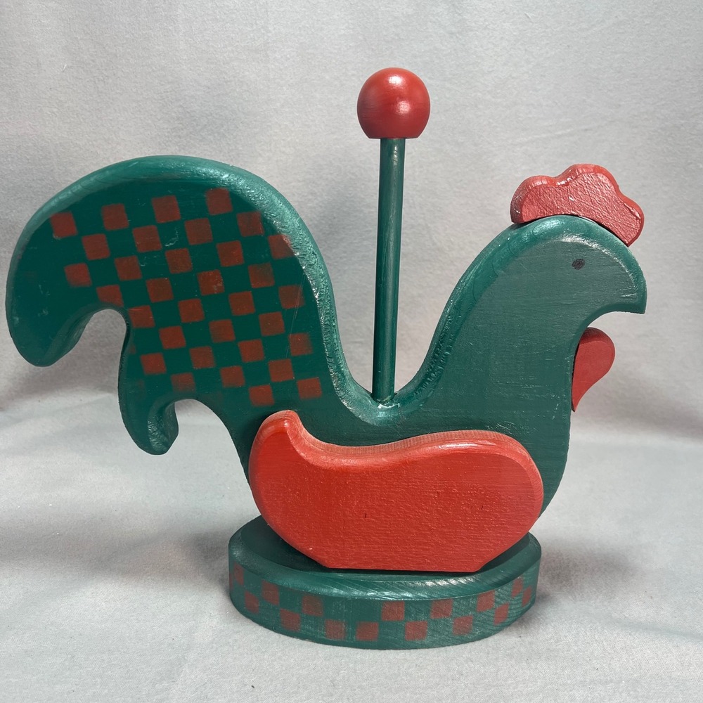 Vintage Painted Wood Rooster Chicken Folk Art Green Red Checkered Table Weight